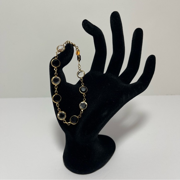 Monet Vintage Stamped Black Clear Bezel Stones Gold Plated Chain 7” Bracelet - Picture 7 of 7